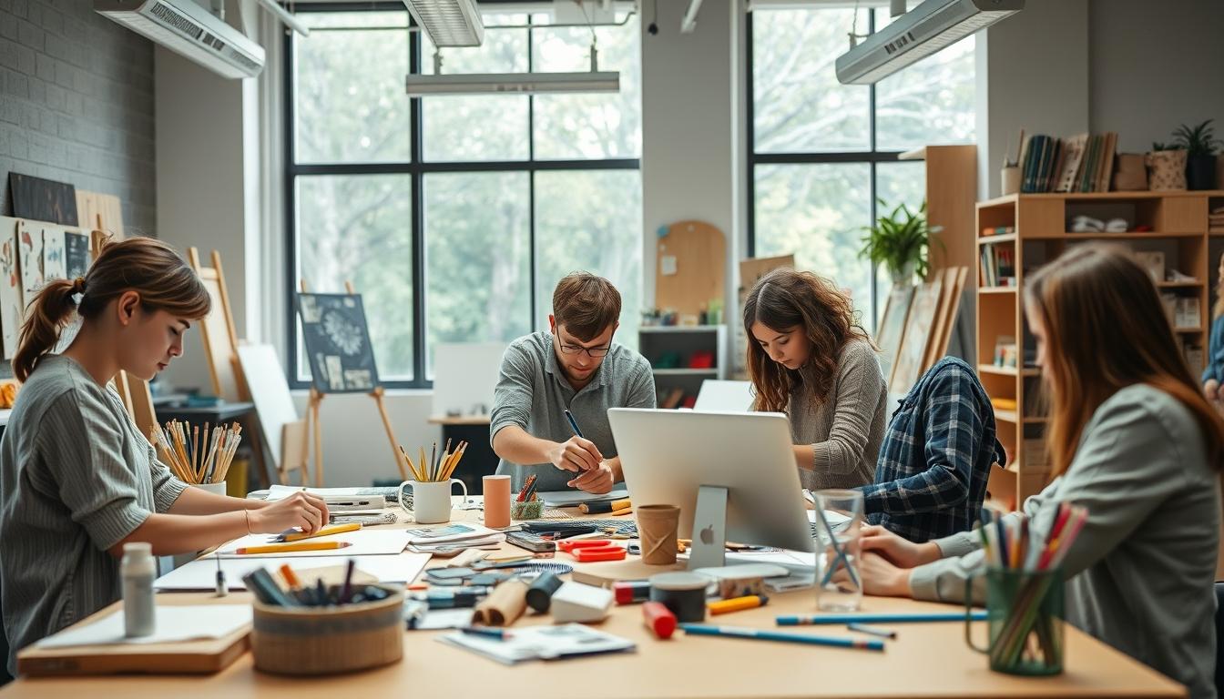 Students studying together in modern classroom